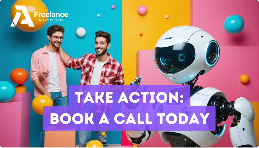 A friendly humanoid robot extends a hand toward two smiling individuals in a vibrant setting with colourful geometric backgrounds. The text "Take Action: Book a Call Today" is displayed in bold purple.