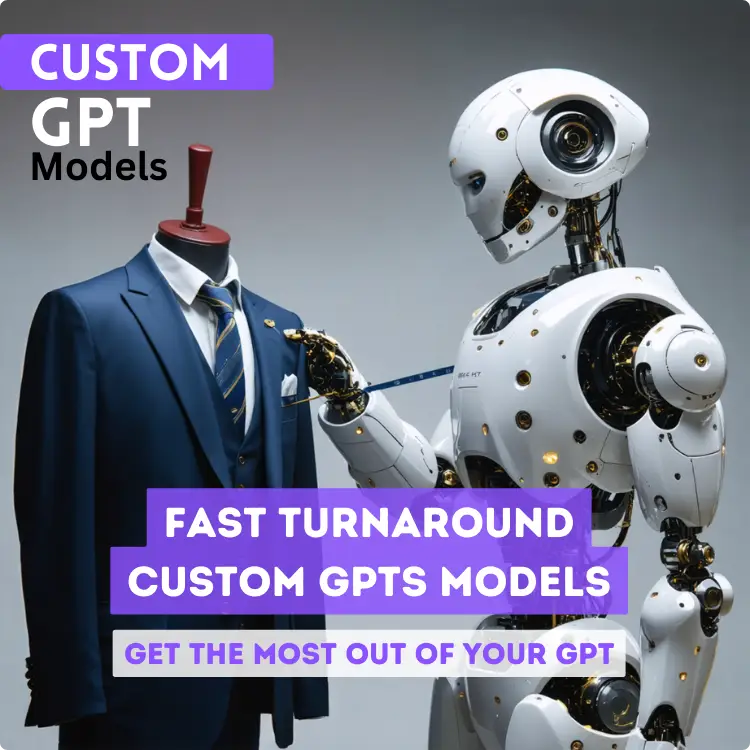 Essex artificial intelligence experts providing cutting-edge AI solutions. A humanoid robot measures a tailored suit on a mannequin with precision, symbolising customised GPT models. The text highlights "Custom GPT Models" and "Fast Turnaround Custom GPTs Models."