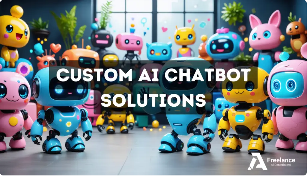 Custom AI Chatbots for businesses in Essex and the South East. A colourful group of animated, friendly robots in various designs, shapes, and colours gathered in a bright room filled with plants and natural light. The text "Custom AI Chatbot Solutions" is displayed prominently in white on a dark overlay.