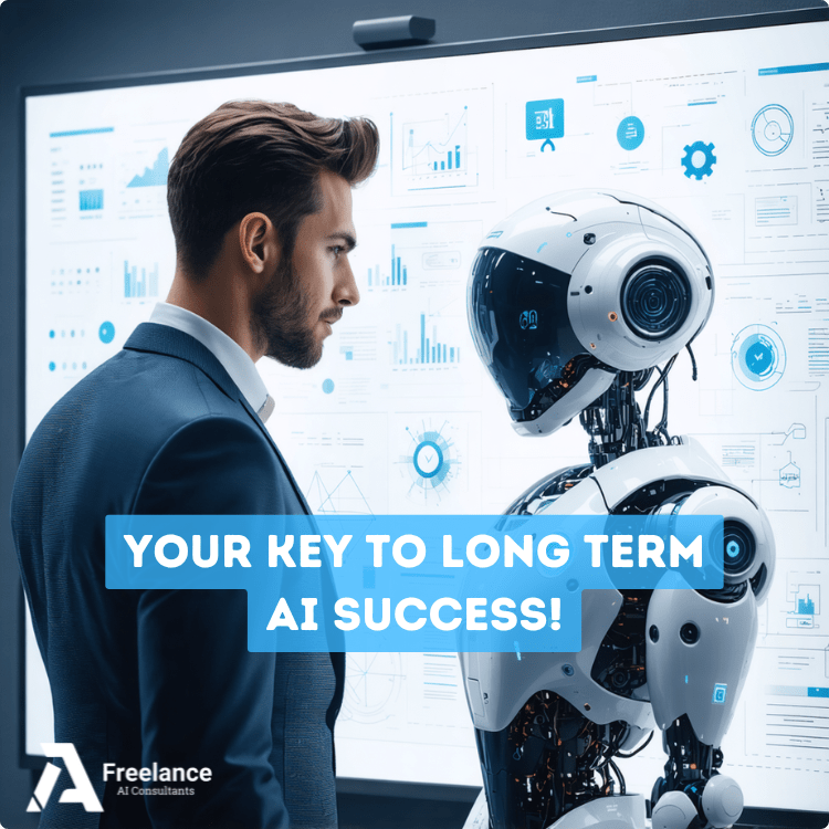 AI consulting services in Essex helping businesses achieve growth.A business professional in a suit stands face-to-face with a humanoid robot in front of a digital screen displaying data and analytics. The text "Your Key to Long Term AI Success!" is highlighted in blue.