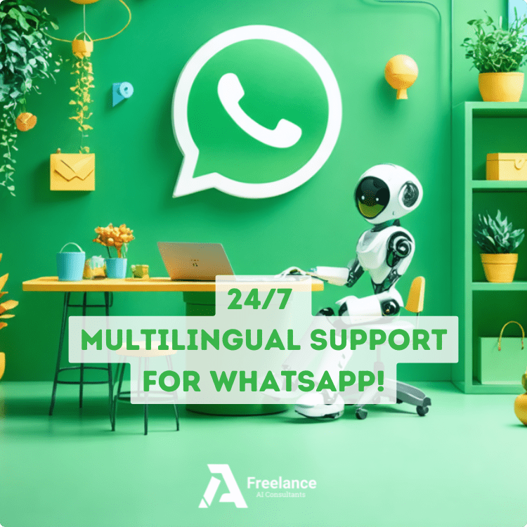 A humanoid robot sits at a desk in a vibrant green room, surrounded by plants and decorative elements, with a large WhatsApp logo prominently displayed in the background. The text "24/7 Multilingual Support" is written in bold white and green.