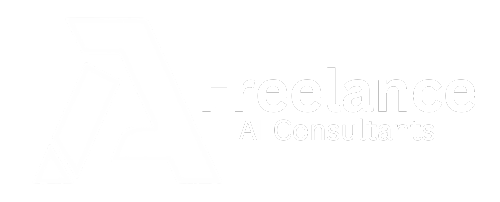 A white logo featuring a stylized "A" icon followed by the text "Freelance AI Consultants" in a modern, clean font on a transparent background.