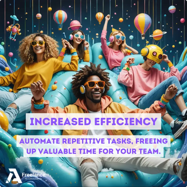 AI consultants in Essex driving innovation for local businesses. A vibrant scene of diverse, joyful individuals wearing colorful outfits and headphones, sitting on oversized, playful cushions surrounded by floating balloons and abstract shapes, symbolising a fun and dynamic experience.