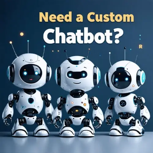 AI Chatbots, powering customer service for Businesses in Essex and South East. Three adorable, futuristic robot characters with white and black exteriors and glowing blue eyes, standing against a dark blue background. The text "Need a Custom Chatbot?" is prominently displayed above them in bold yellow and white lettering.