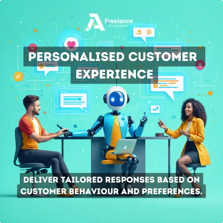 Custom AI Chatbots. AI training services in Essex designed to empower teams with AI skills. A humanoid robot sits at a desk between two individuals, facilitating a conversation, surrounded by colourful communication icons on a bright teal background. The text reads "Personalised Customer Experience" with a subheading.