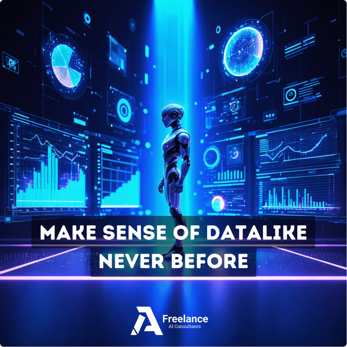 AI avatar analysing data charts and visualisations in a futuristic setting, representing AI-powered data solutions.