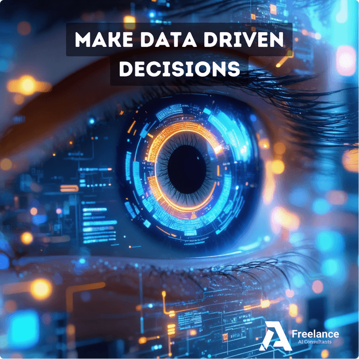 Futuristic digital eye visualising AI data analytics solutions with glowing data streams and charts.