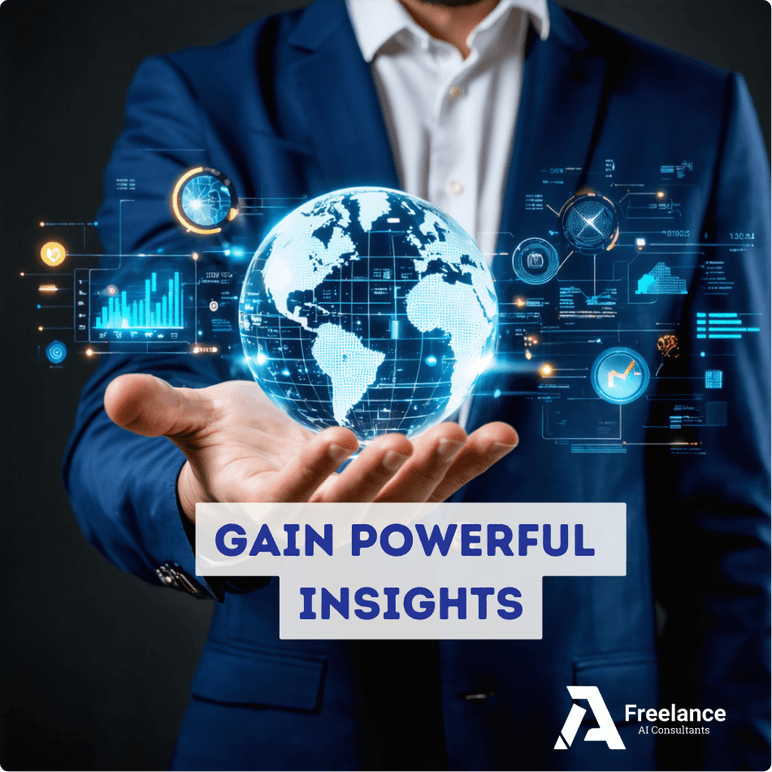 AI Training for Beginners by Freelance AI Consultants in Essex. A business professional holds a glowing digital globe surrounded by data visualisations, symbolising powerful insights gained through AI training.