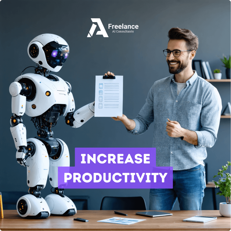 AI Training for Beginners in Essex with Freelance AI Consultants. A humanoid robot collaborates with a professional, holding a checklist to demonstrate increased productivity through AI implementation.