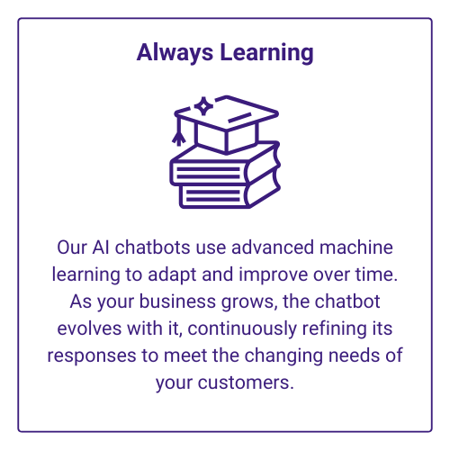 Icon of stacked books and a graduation cap with the text "Always Learning," symbolising advanced AI Chatbot Solutions for small businesses in Essex.