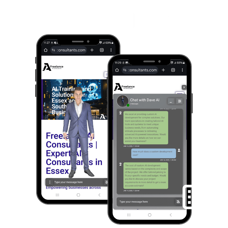 Mobile screens showcasing a 3D avatar and live chat interface, promoting "Talk or Type" AI Chatbot Solutions for businesses in Essex.