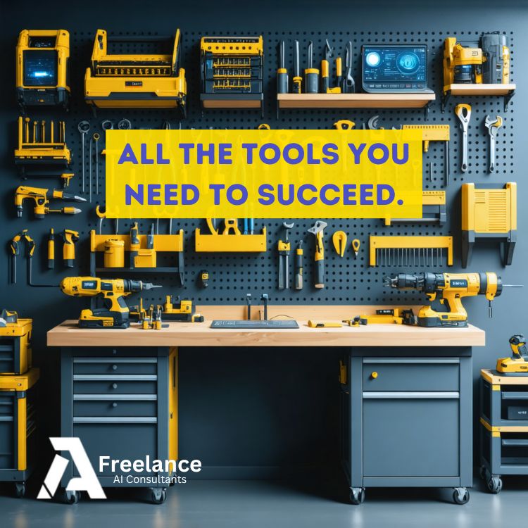 A well-organized workshop wall with yellow and black tools neatly displayed on a pegboard, a wooden workbench below, and the text "All the tools you need to succeed" prominently written in yellow on a blue banner.