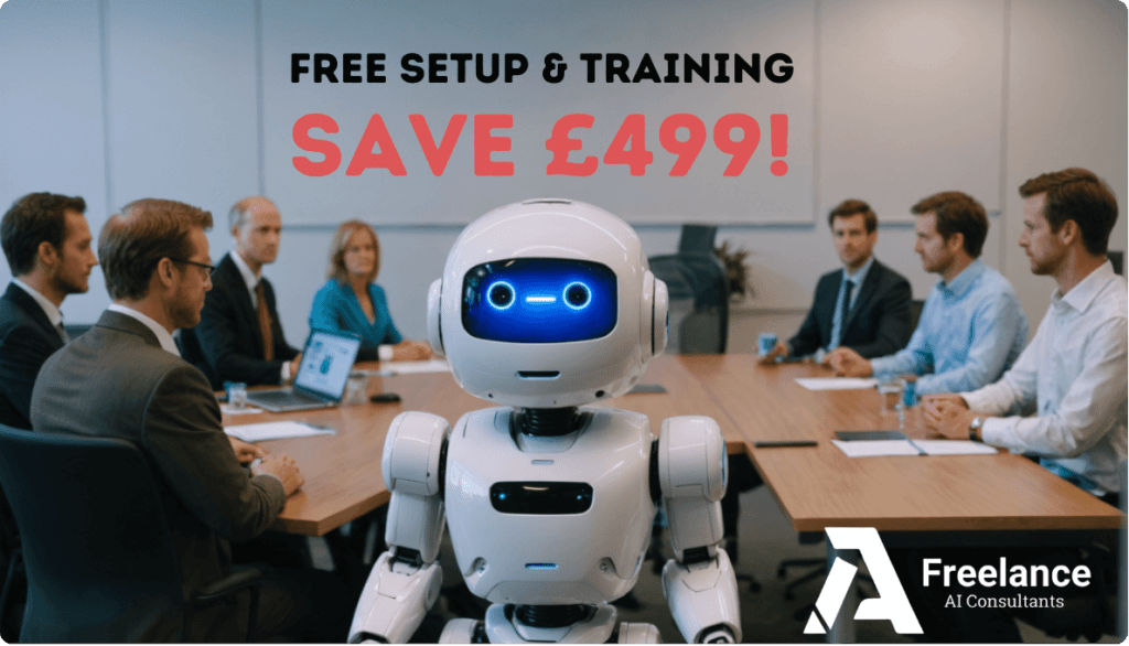 Robot representing AI Chatbot Solutions in a business meeting, highlighting free setup and training worth £499 from Freelance AI Consultants.