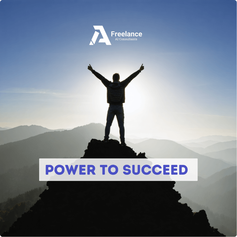 Freelance AI Consultants in Essex offering Basic AI Training to empower businesses. A person stands victoriously on a mountain peak at sunrise, symbolising the power to succeed through practical AI training.