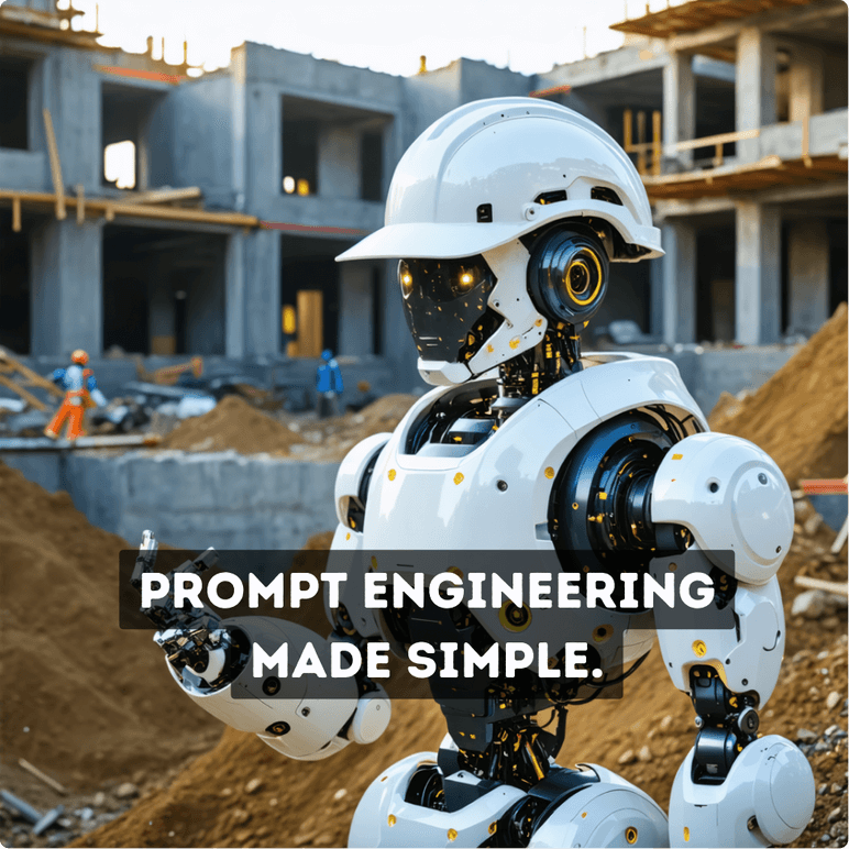 A humanoid robot wearing a hard hat on a construction site, symbolising the application of AI for simplifying prompt engineering processes.